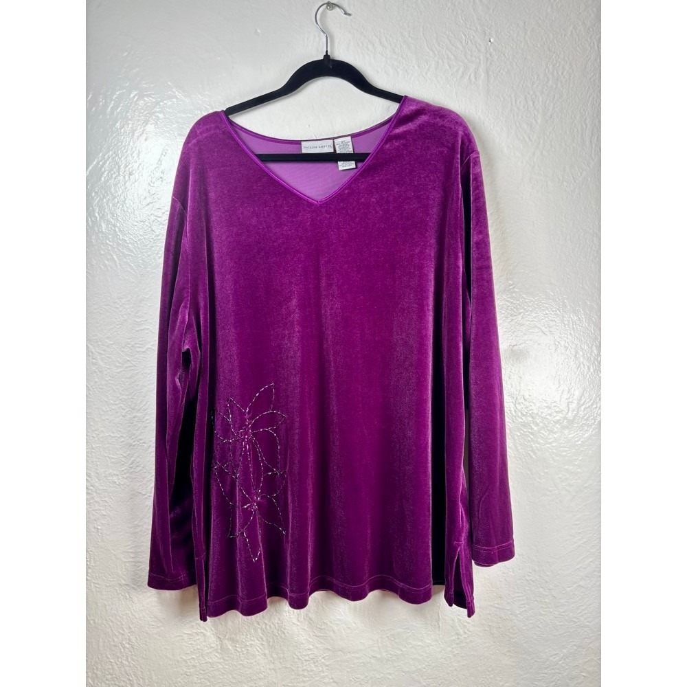 Velvet Top Purple 2X Beaded Floral Long Sleeve Whimsigoth Witchy Velour Y2K Soft